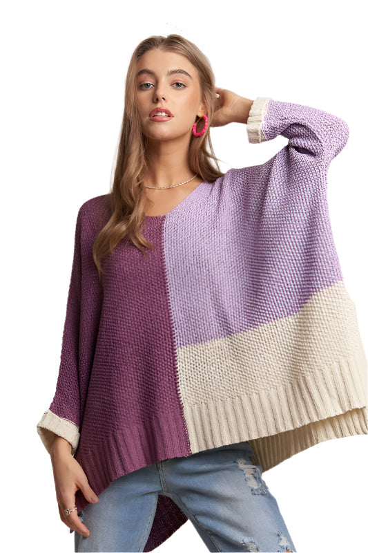 TEEK - Deep Purple Side Slit Color Block Long Sleeve Sweater TOPS TEEK Trend S/M