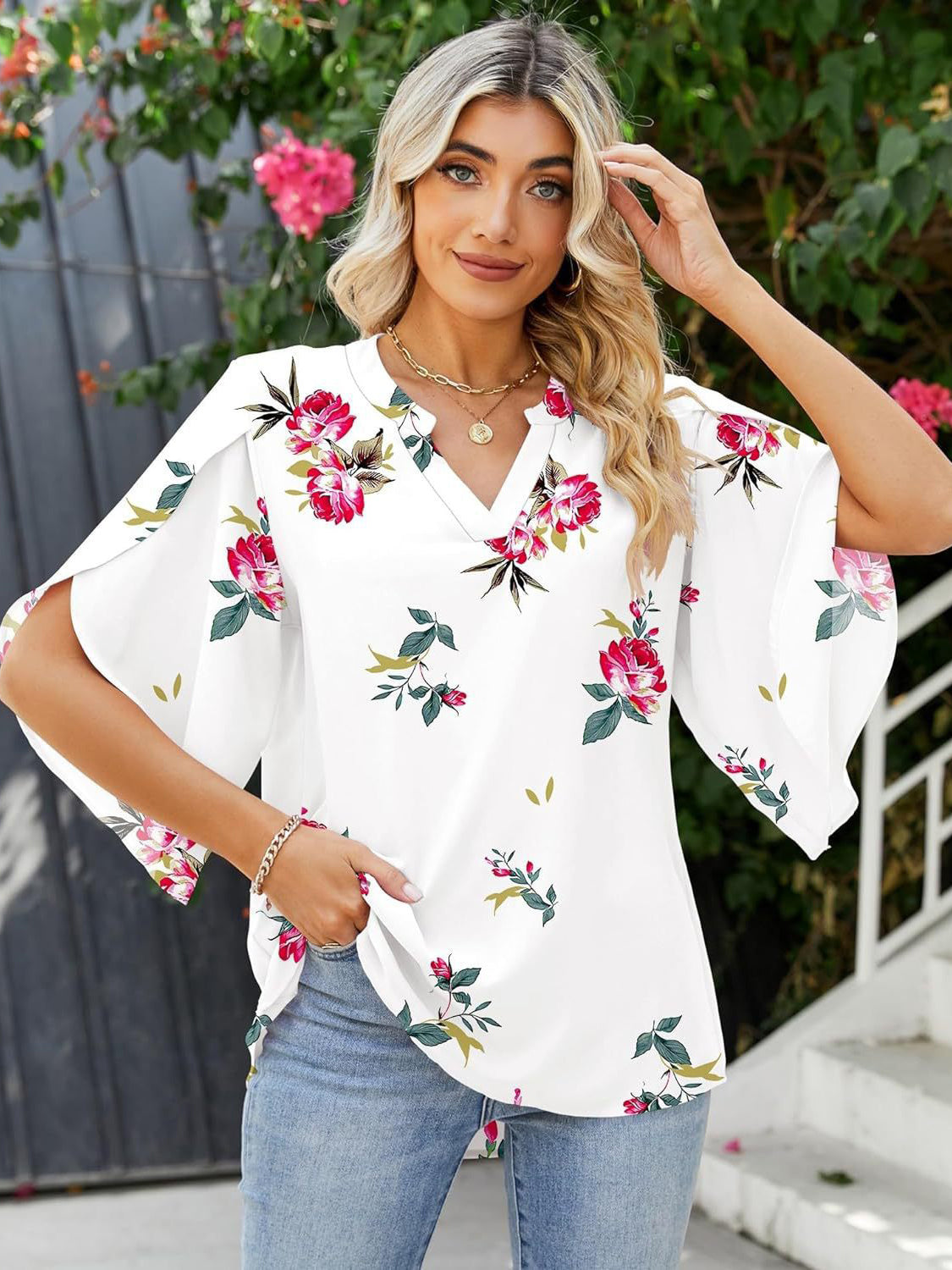 TEEK - Printed Notched Widened Half Sleeve Blouse TOPS TEEK Trend   