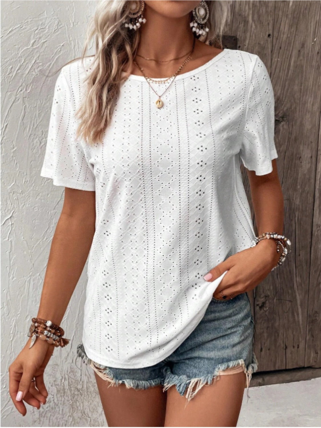 TEEK - White Lace Detail Eyelet Short Sleeve Blouse TOPS TEEK Trend   