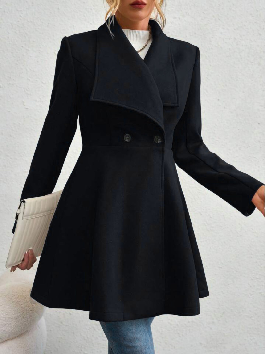 Collared Neck Button Up Long Sleeve Coat TEEK Trend