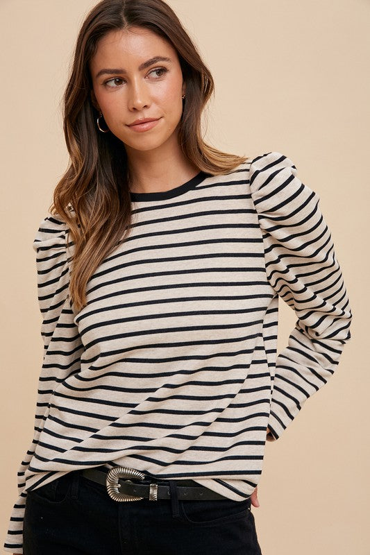 TEEK - Black Striped Round Neck Puff Sleeve French Terry Top TOPS TEEK Trend