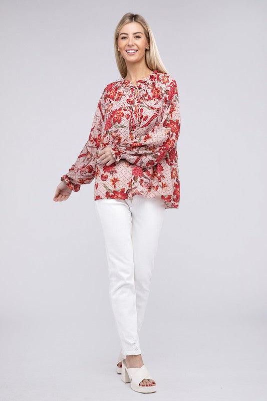 TEEK - Floral Print Tie Neck Blouse TOPS TEEK FG   