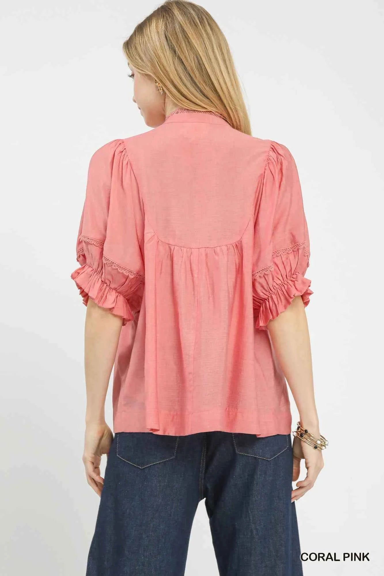 Umgee Smocked Yoke Blouse with Ruffle Sleeves Trendsi