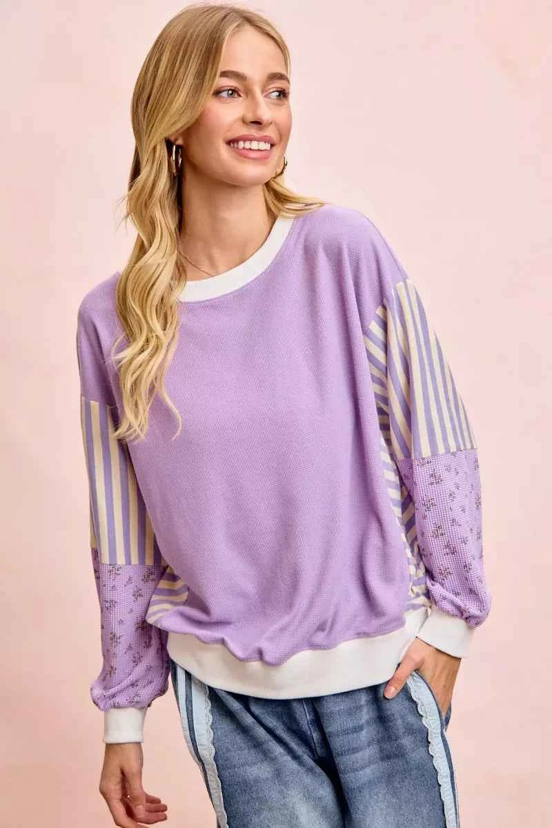 TEEK - Mix and Match Sweatshirt with Floral Sleeve Striped TOPS TEEK Trend