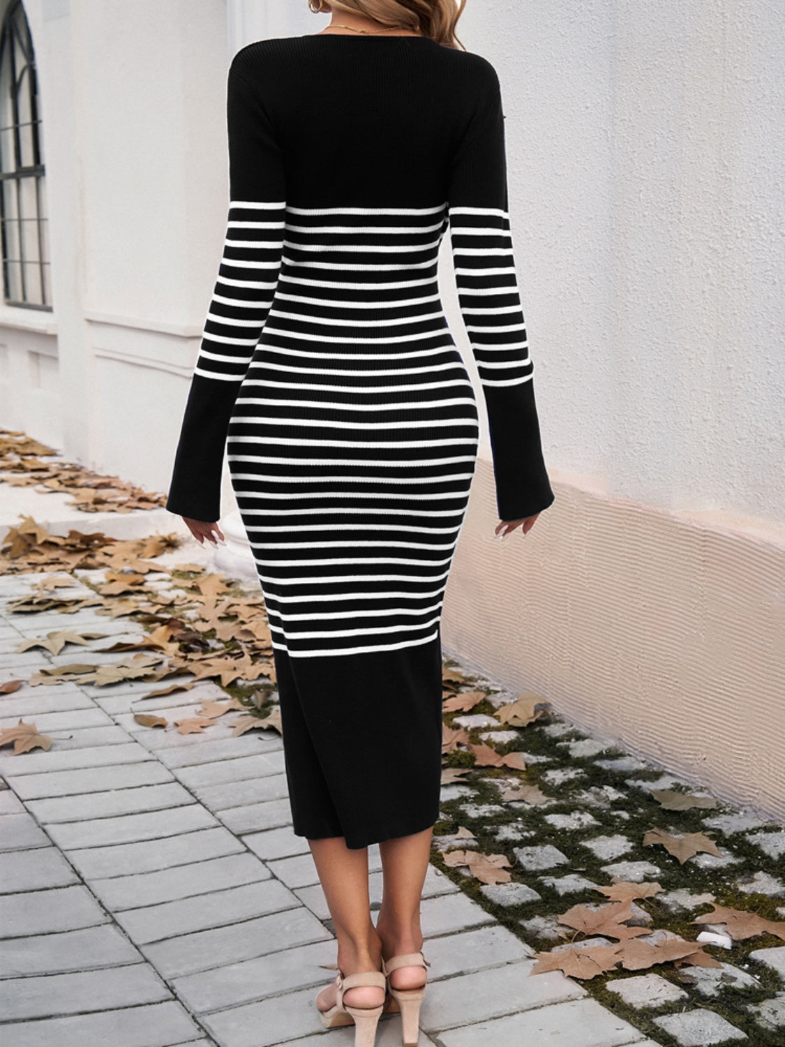 TEEK - Devine Striped V-Neck Long Sleeve Sweater Dress  TEEK Trend   