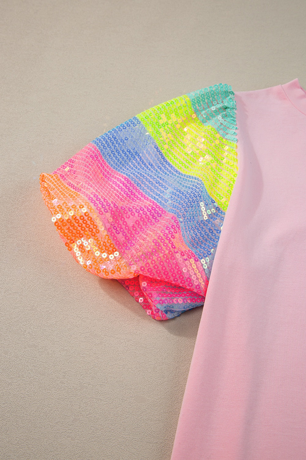 TEEK - Blush Pink Sequins Short Puff Sleeve Blouse TOPS TEEK Trend   