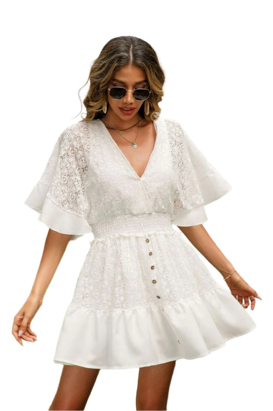 TEEK - White Lace Falling Button Half Sleeve Dress DRESS TEEK Trend   