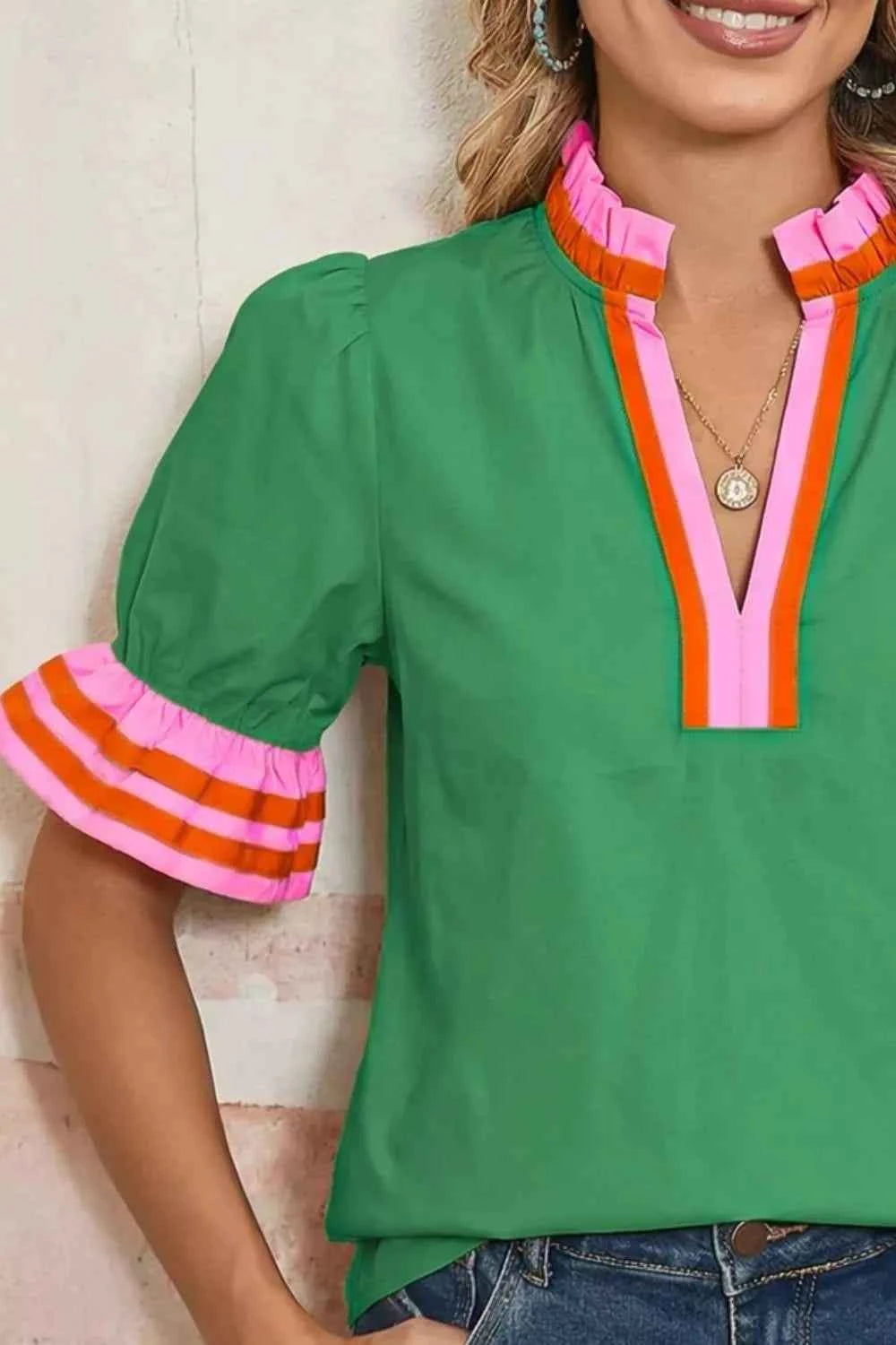 Ruffle Trim Notched Blouse Trendsi