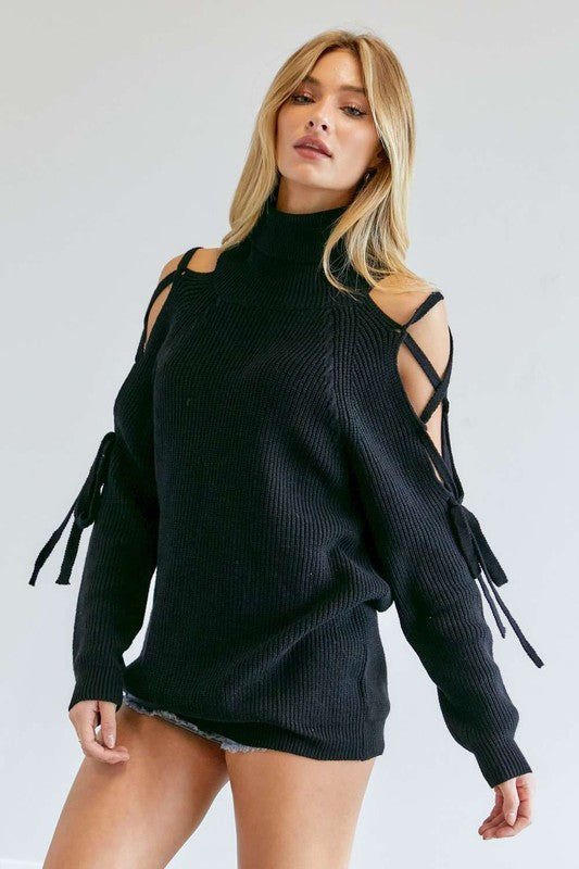 TEEK - Solid Turtleneck Cutout Long Sleeve Sweater