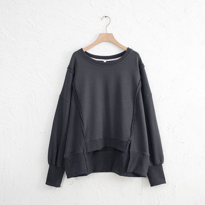 TEEK - Exposed Seam High-Low Long Sleeve Sweatshirt TOPS TEEK Trend Dark Gray One Size