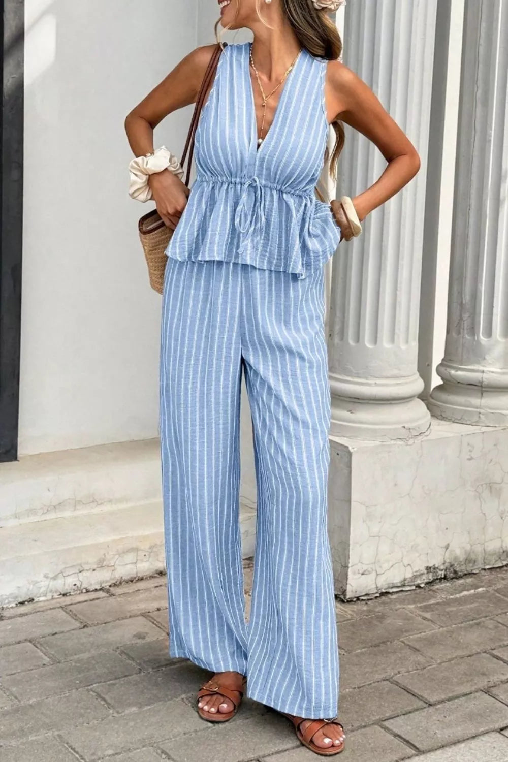 Striped Sleeveless Top and Wide Leg Pants Set Trendsi