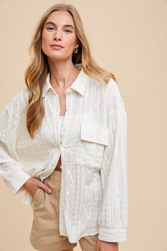 TEEK - Ivory Openwork Button Down Drop Shoulder Shirt TOPS TEEK Trend
