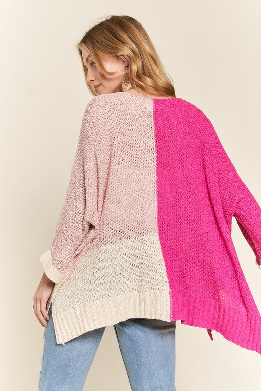 TEEK - Hot Pink Side Slit Color Block Long Sleeve Sweater TOPS TEEK Trend