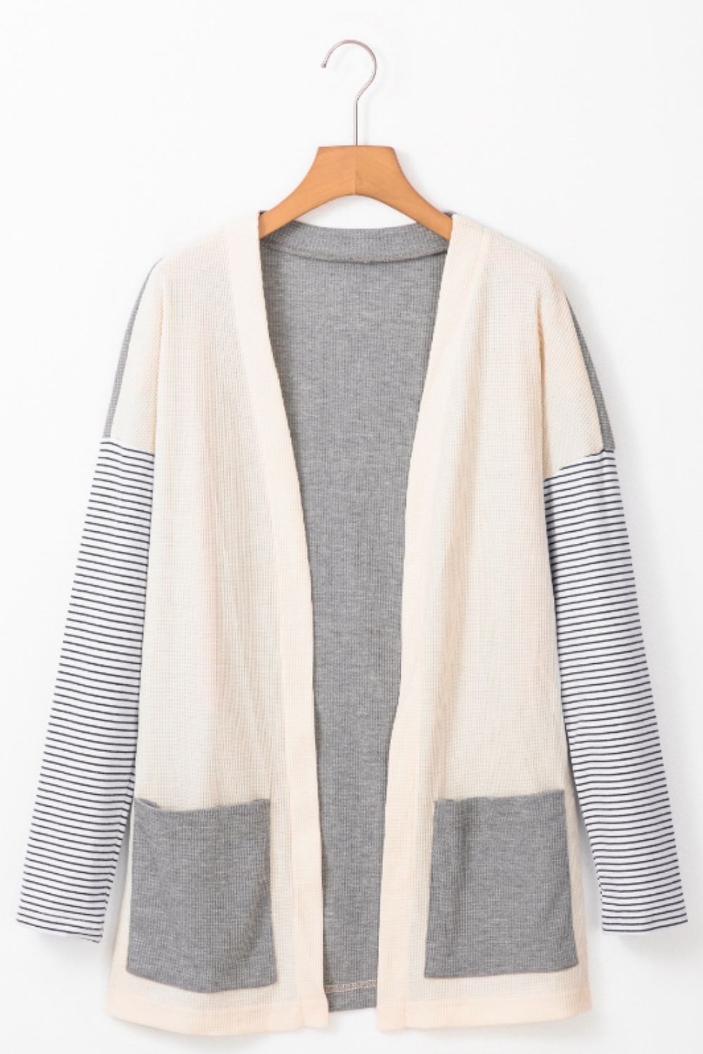 TEEK - Light Grey Open Front Long Sleeve Striped Pocketed Cardigan SWEATER TEEK Trend