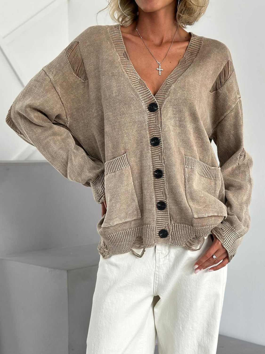 TEEK - Distressed Button Down Long Sleeve Cardigan SWEATER TEEK Trend