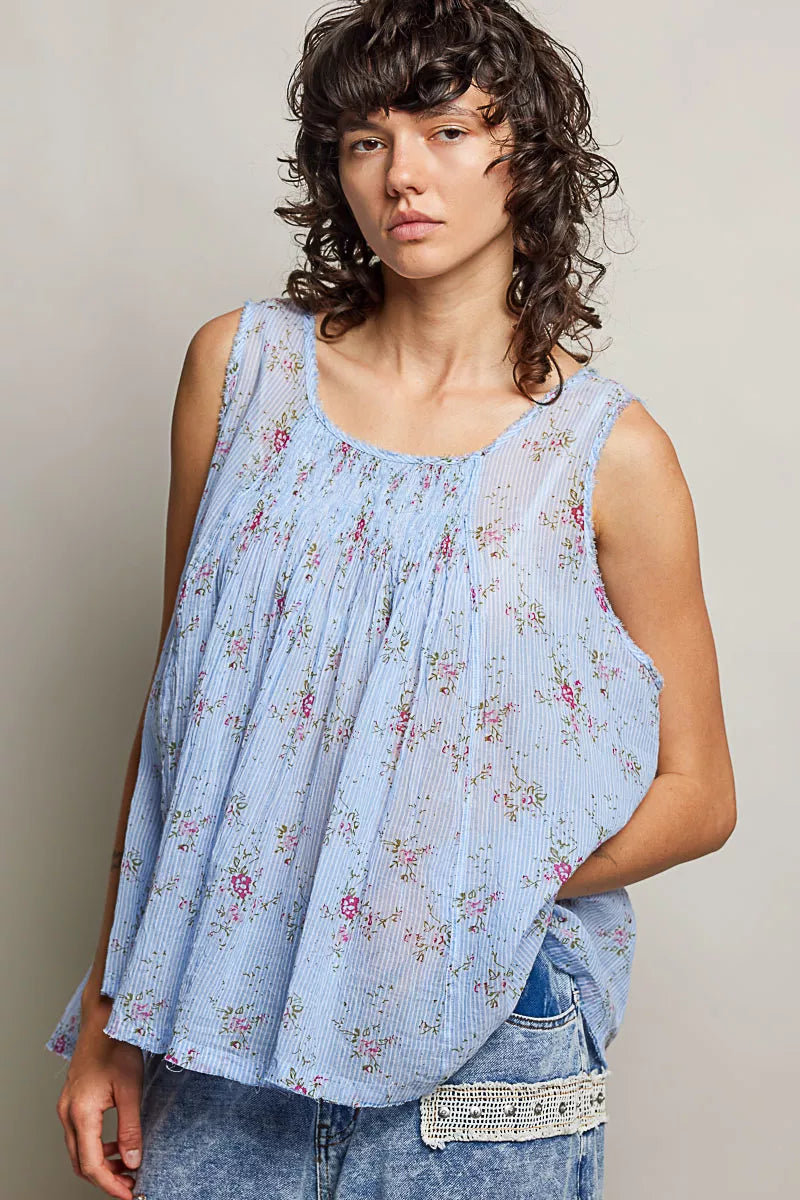 POL Round Neck Sleeveless Floral Pleated Cotton Top Trendsi