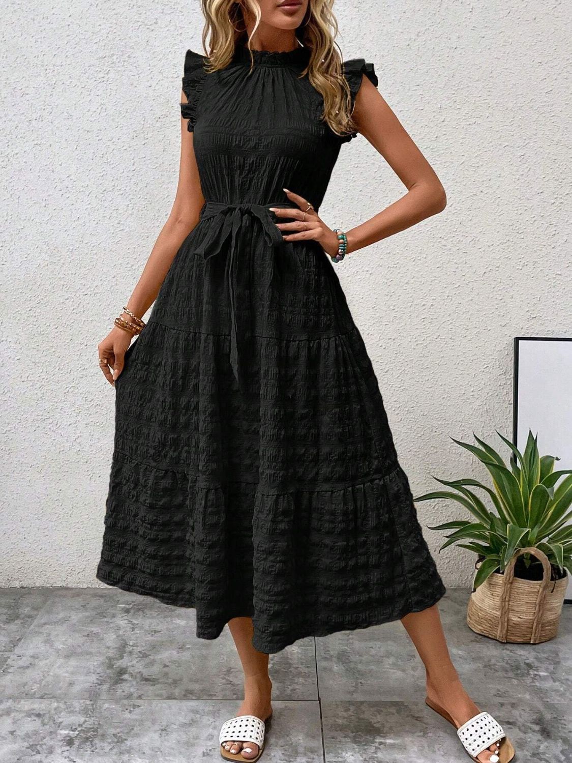 TEEK - Tied Ruffled Cap Sleeve Belted Dress DRESS TEEK Trend Black S 