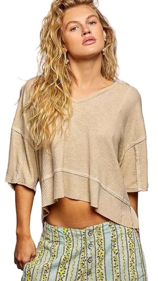 TEEK - Short Sleeve Ccopped Rib T-Shirt - Contrast Stitch Detail TOPS TEEK Trend WHEAT BEIGE S