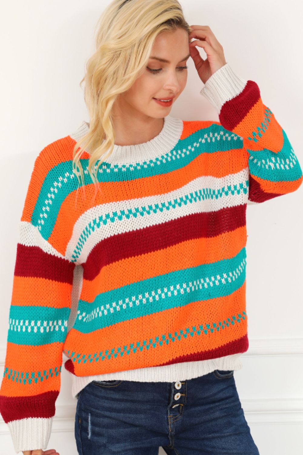 Contrast Striped Round Neck Long Sleeve Sweater TEEK Trend