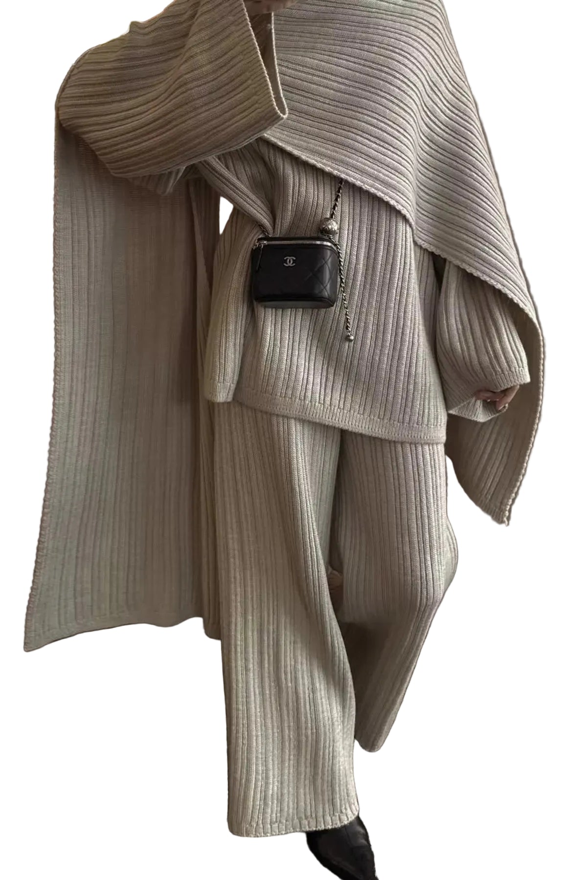 3-Piece Crew Neck Ribbed Sweater and Wide-Leg Pants Set with Scarf Trendsi Khaki One Size