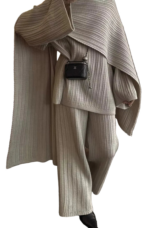 TEEK - Cozy Luxe Ribbed 3-Piece Sweater & Wide-Leg Set SET TEEK Trend Khaki One Size