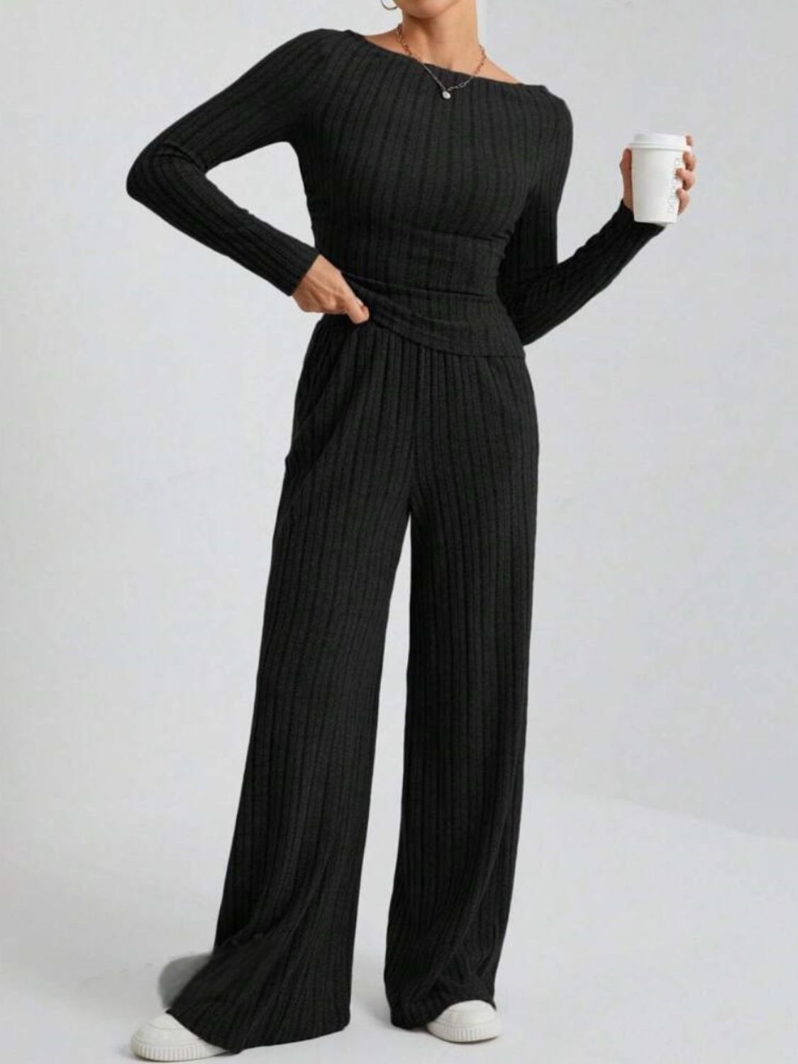 Ribbed Off-Shoulder Top and Pants Set TEEK Trend