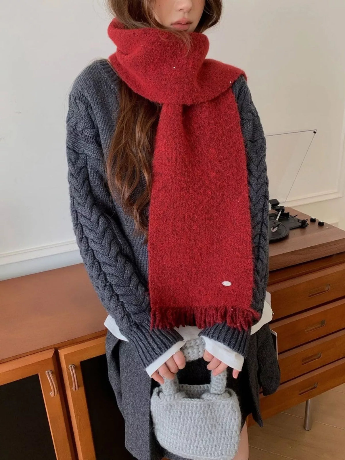Fringe Hem Knitted Scarf Trendsi Red ONESIZE