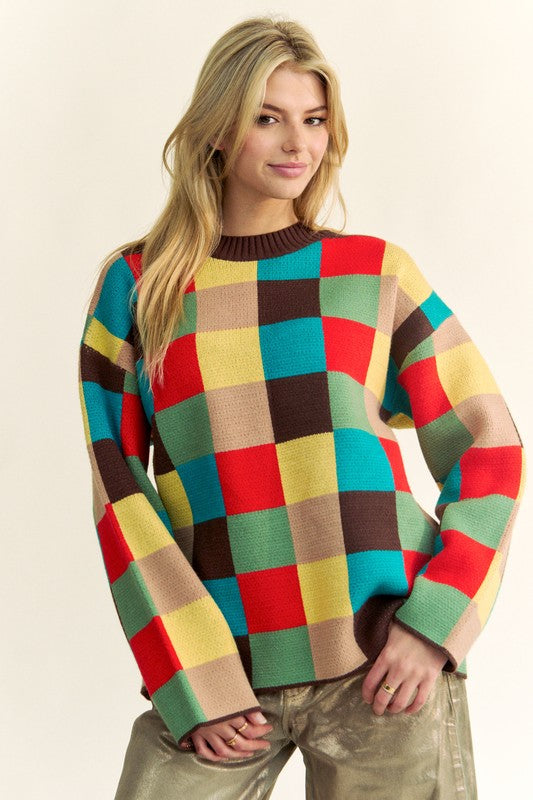 TEEK - Brown Multi Color Block Checkered Dropped Shoulder Sweater TOPS TEEK Trend