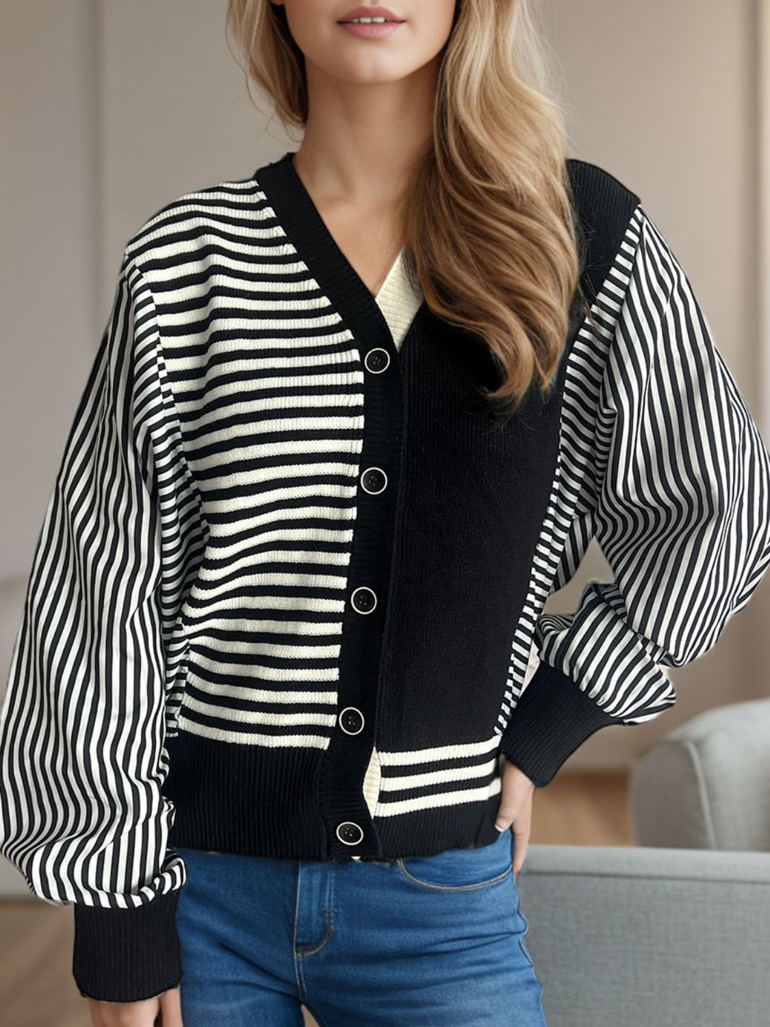 Striped Button Down Long Sleeve Cardigan TEEK Trend