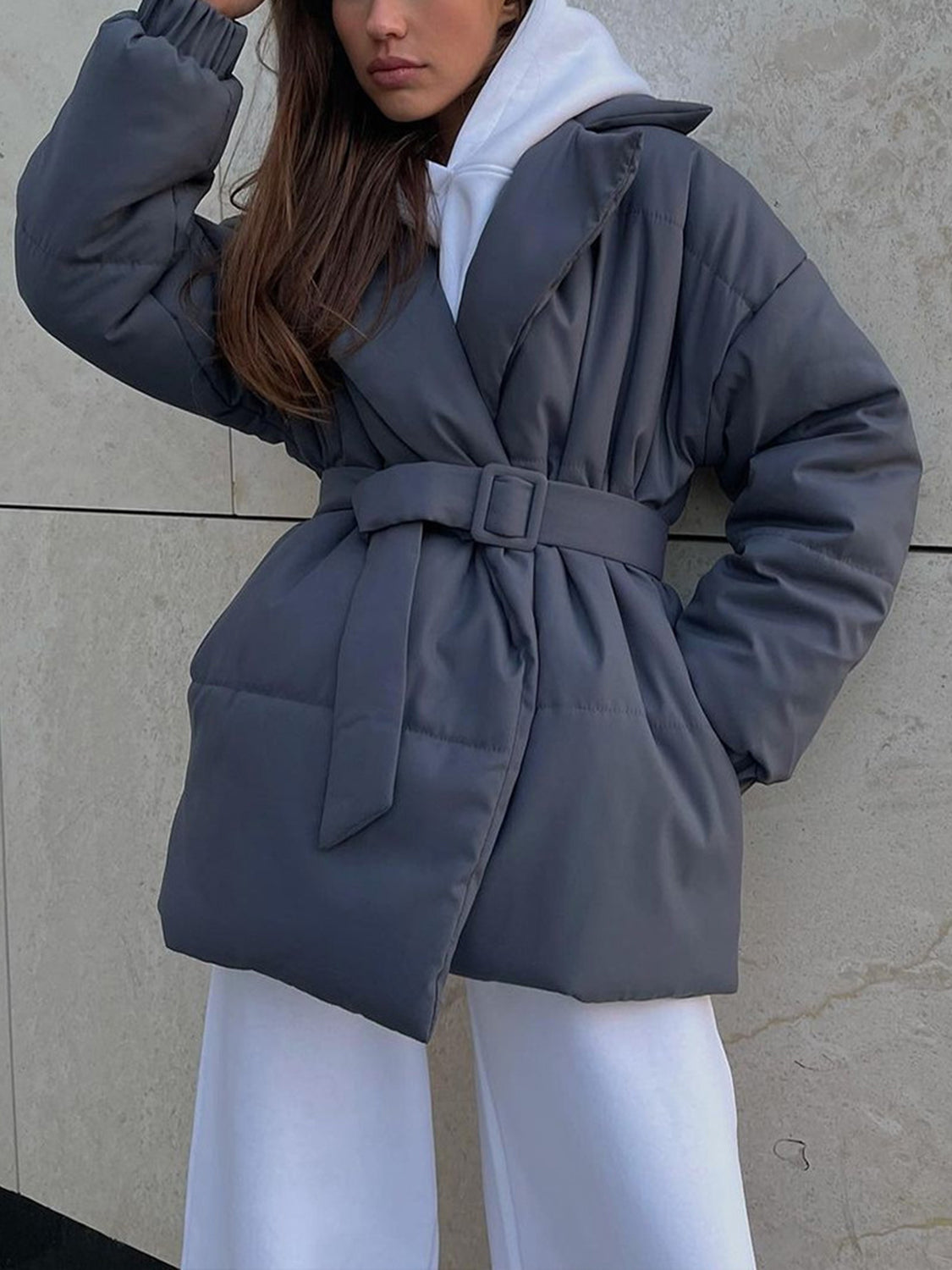 Puffer Long Sleeve Winter Coat with Belt TEEK Trend