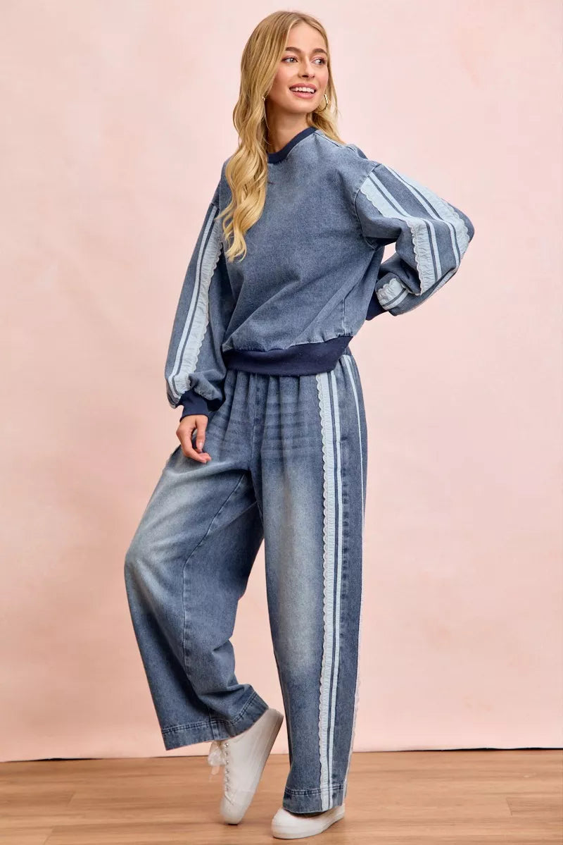 BiBi Washed Denim Lace Contrast Sided Sweatshirt Trendsi