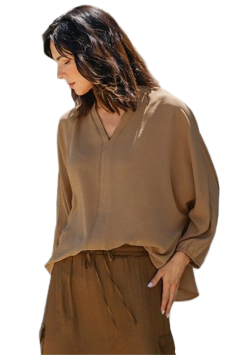 TEEK - Camel Notched Batwing Sleeve Blouse TOPS TEEK Trend