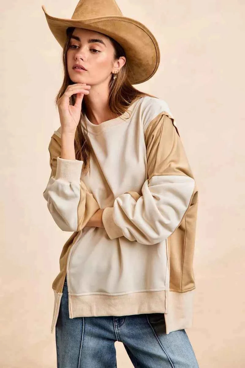 TEEK - French Terry Color Block Top With Open Seam Detail Trendsi