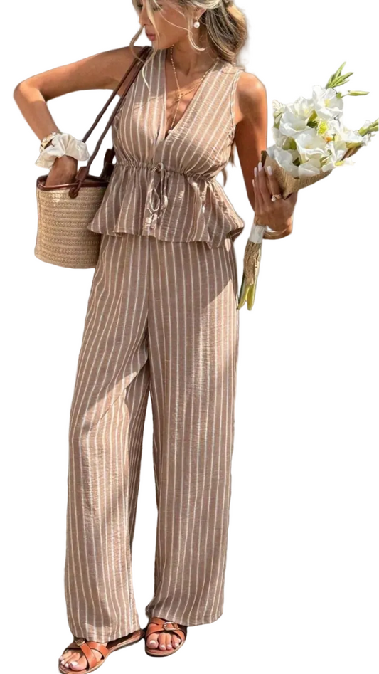 Striped Sleeveless Top and Wide Leg Pants Set Trendsi Camel S
