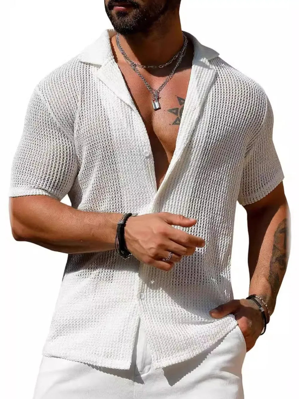 TEEK - Mens Openwork Buttoned Short Sleeve Shirt TOPS TEEK Trend White S