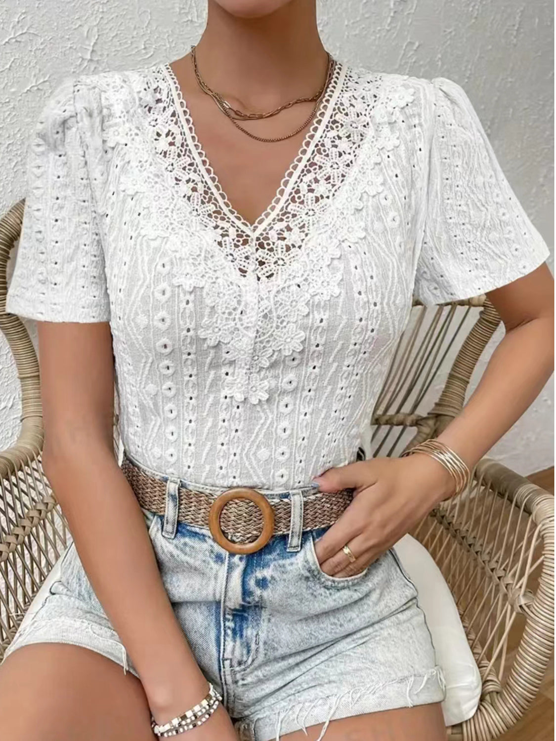 TEEK - White Eyelet Lace V-Neck Short Sleeve Blouse TOPS TEEK Trend S  