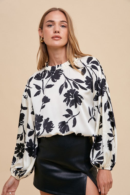 TEEK - White Frill Printed Balloon Sleeve Blouse TOPS TEEK Trend
