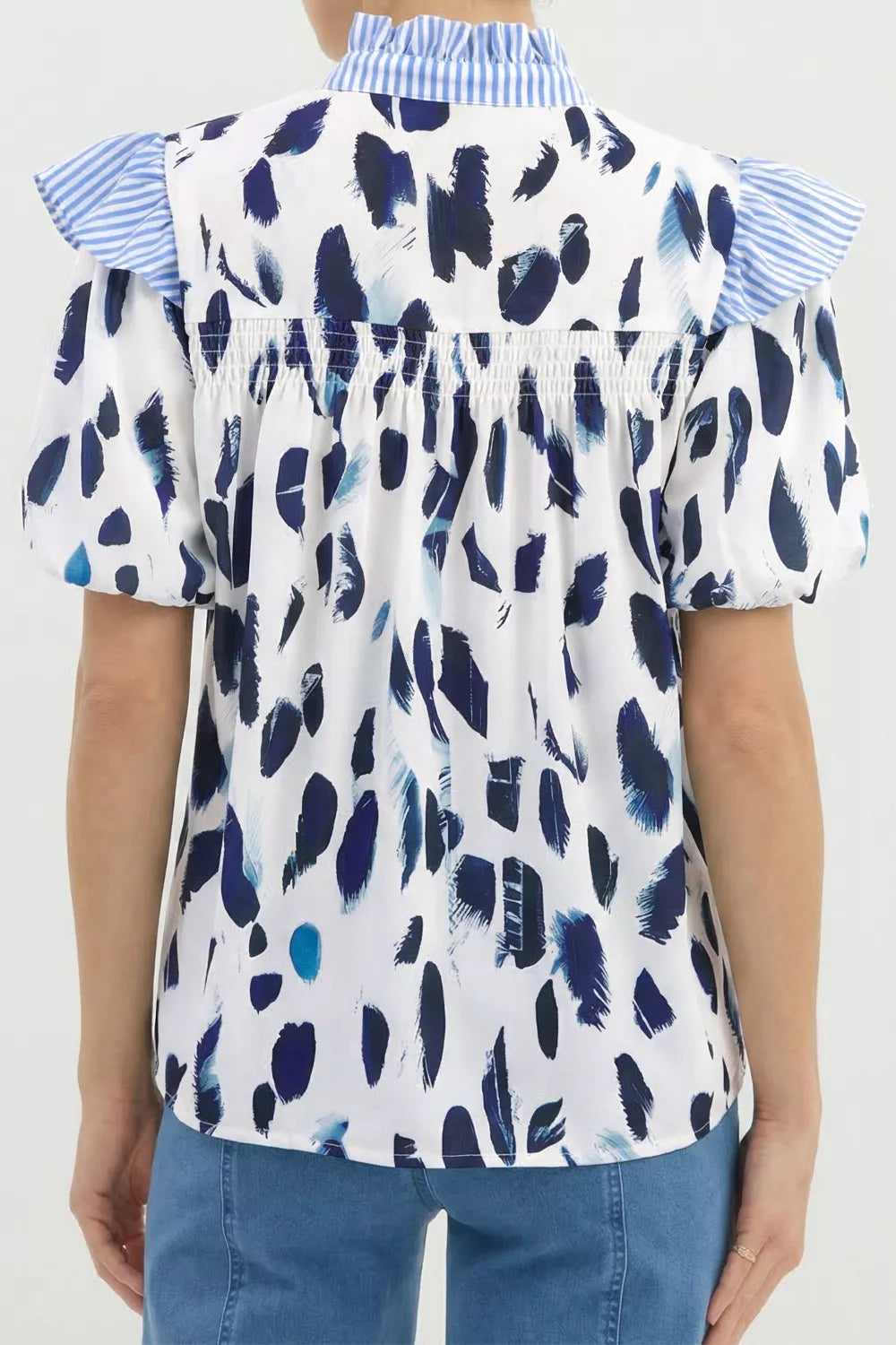 Abstract Animal Print Striped Ruffle Trim V Neck Blouse Trendsi
