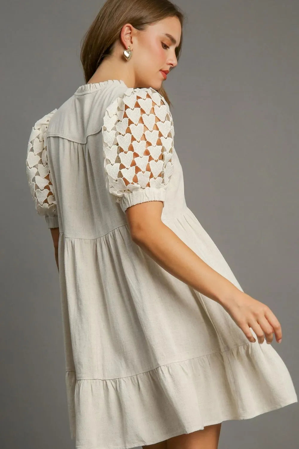 TEEK - Oatmeal Ruffled Hem Heart Lace Sleeve Tie Neck Dress DRESS TEEK Trend