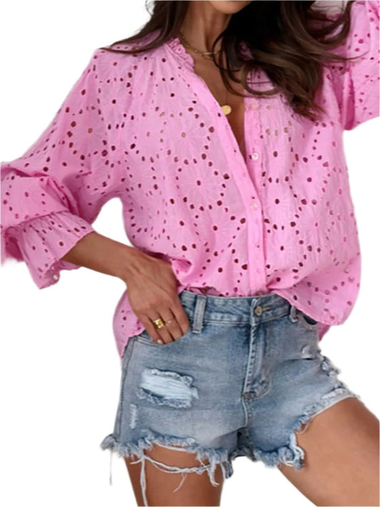 TEEK - Button Up Round Neck Long Sleeve Shirt TOPS TEEK Trend Hot Pink S 