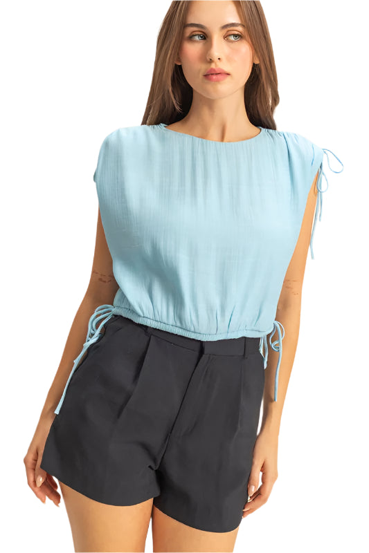 TEEK - Mint Blue Bubble Hem Side Tie Sleeveless Blouse TOPS TEEK Trend S