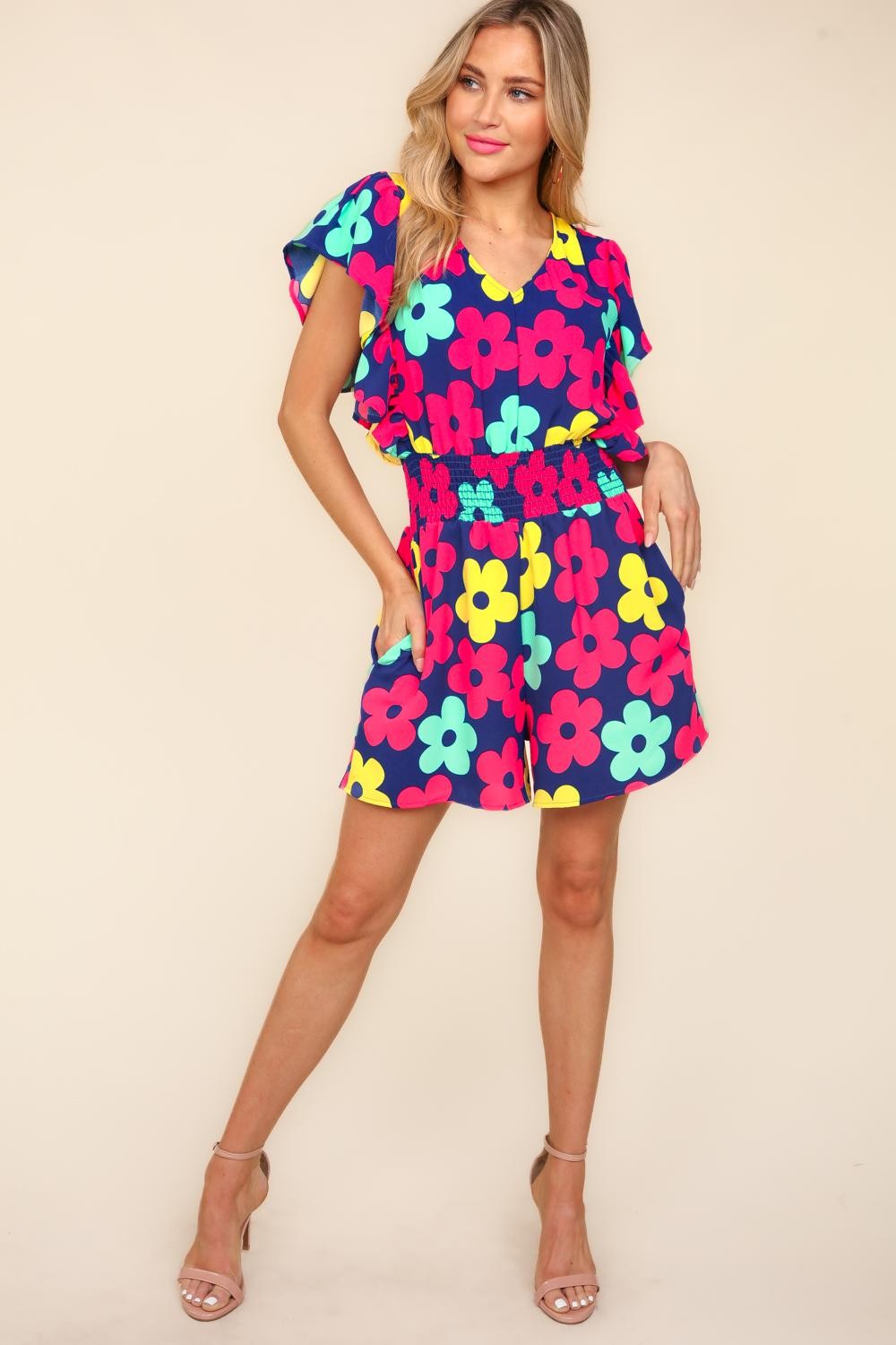 TEEK - Navy Fuchsia Floral Smocked Waist Pocketed Romper JUMPSUIT TEEK Trend   