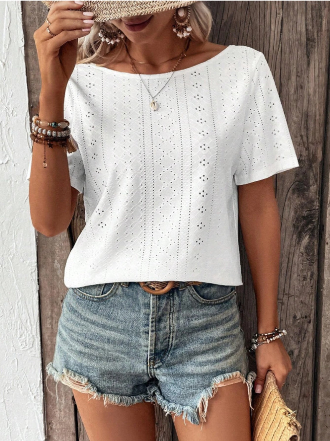 TEEK - White Lace Detail Eyelet Short Sleeve Blouse TOPS TEEK Trend   