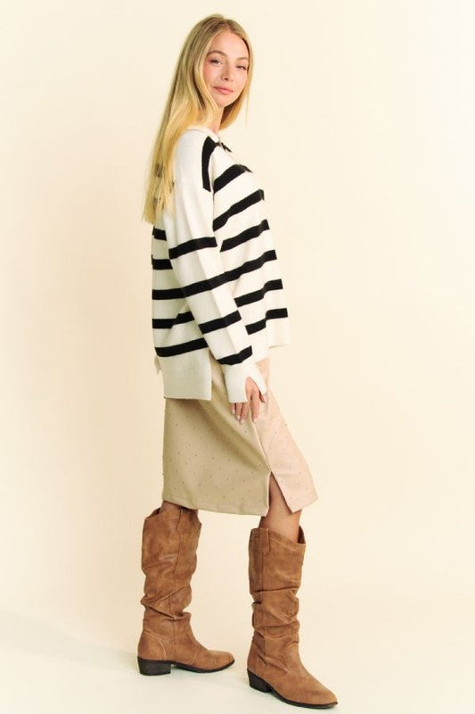 TEEK - White High-Low Side Slit Striped Johnny Collar Sweater TOPS TEEK Trend