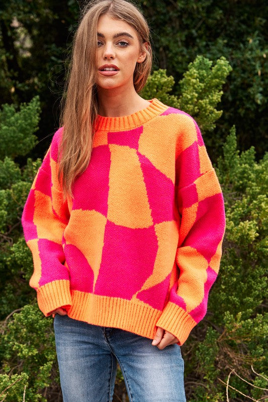 TEEK - Multi Geo Checker Knit Sweater TOPS TEEK FG Neon Fuchsia S 