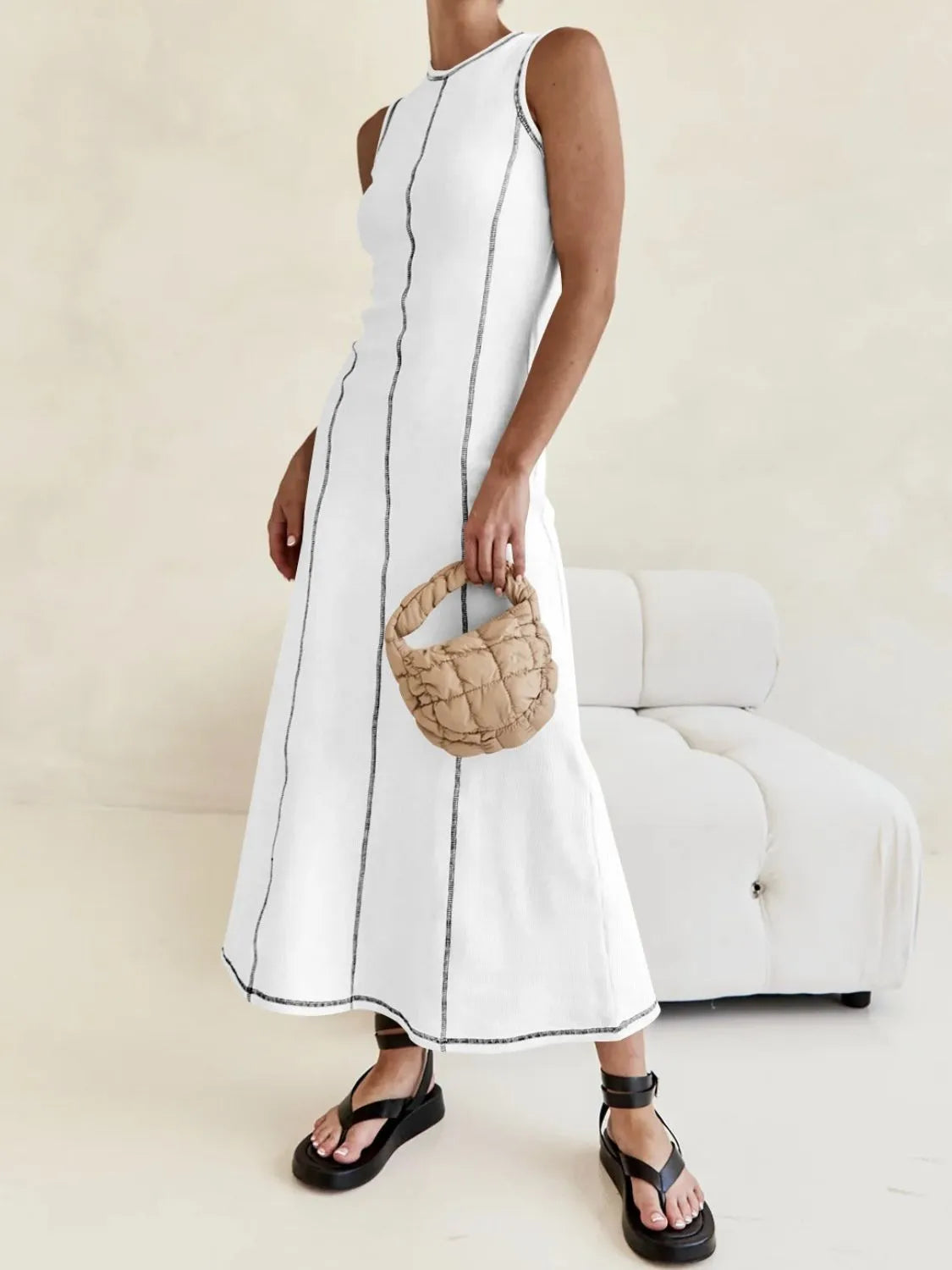 TEEK - Contrast Stitching Round Neck Sleeveless Dress DRESS TEEK Trend
