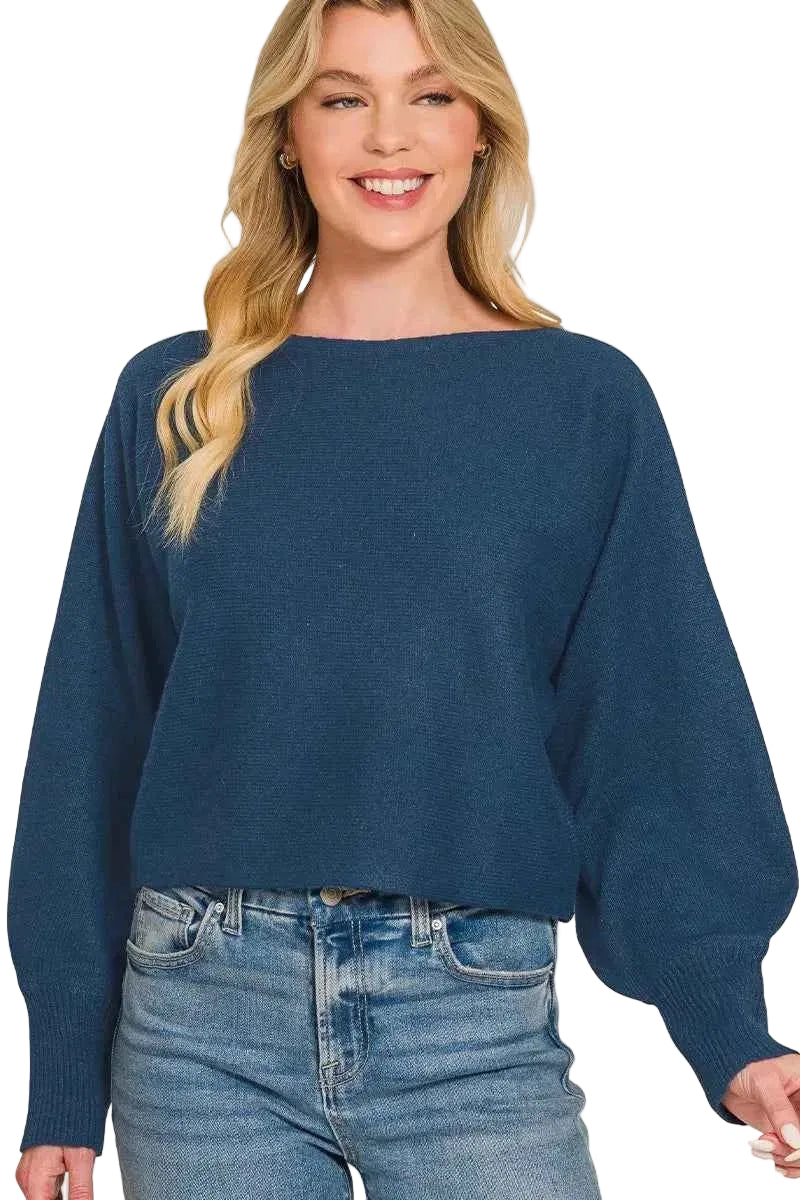 Zenana Boat Neck Balloon Sleeve Sweater Trendsi TEAL S