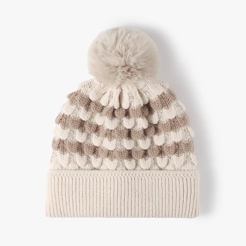 TEEK - Striped Contrast Knit Hat with Pom-pom HAT TEEK Trend Beige