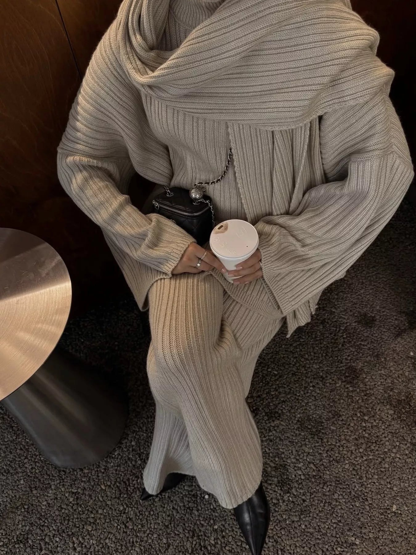 3-Piece Crew Neck Ribbed Sweater and Wide-Leg Pants Set with Scarf Trendsi