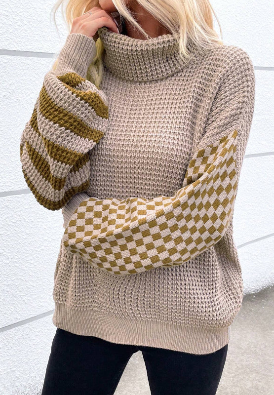 TEEK - Striped & Checkered Turtleneck Dropped Shoulder Sweater TOPS TEEK Trend